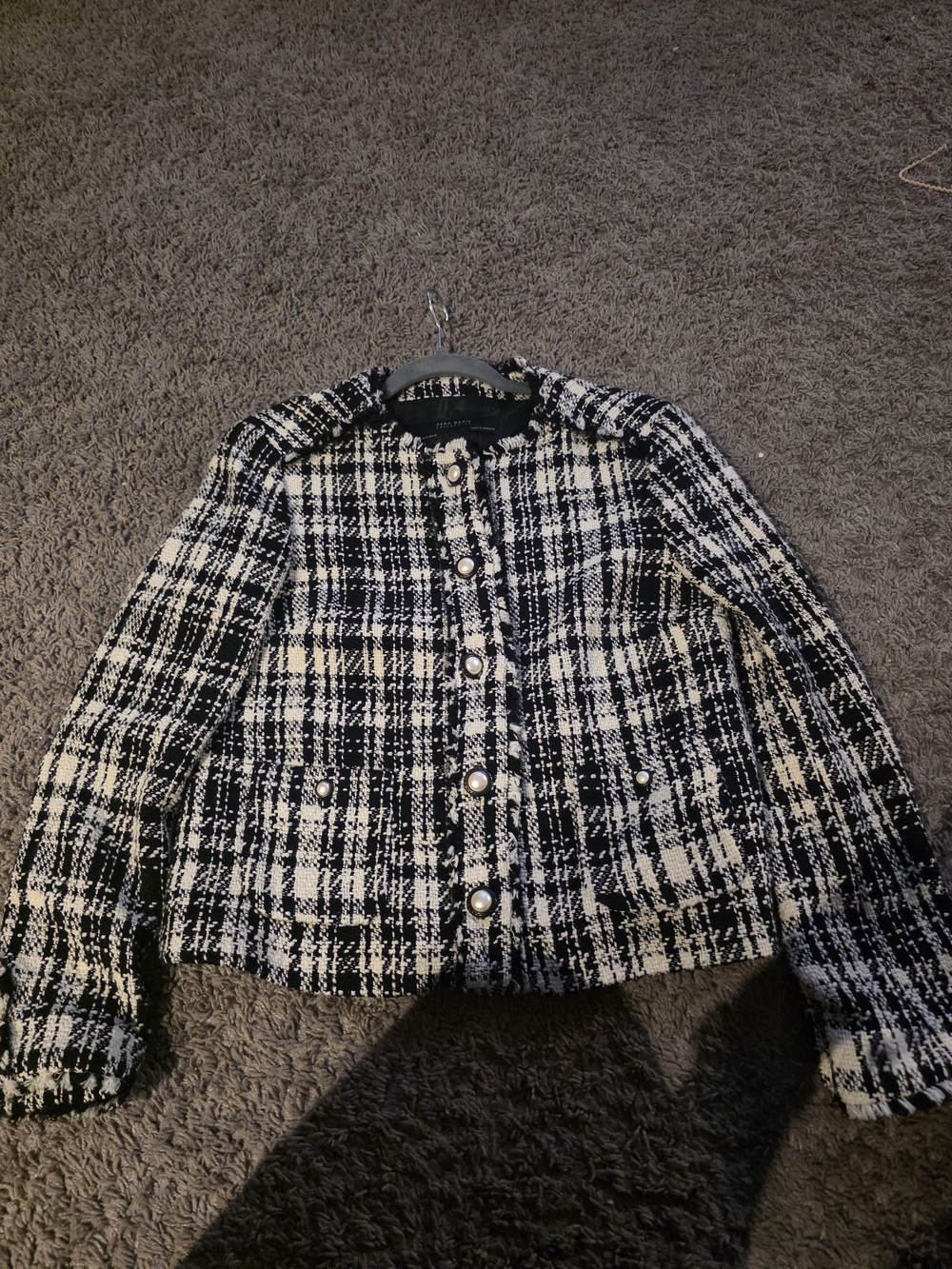 Zara Black and White Tweed Pearl-Button Jacket